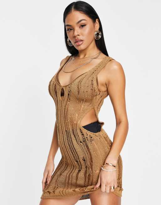 ASOS DESIGN - Vestitio corto color pietra traforato con cut-out sui lati