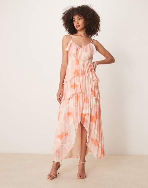 ASOS DESIGN - Vestito a balze asimmetrico a pieghe con stampa a fiori effetto acquerello e volant - view 1
