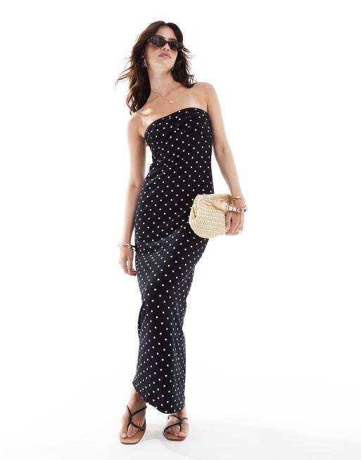 ASOS DESIGN - Vestito a fascia aderente con gonna al polpaccio e intreccio sul busto bianco e nero a pois