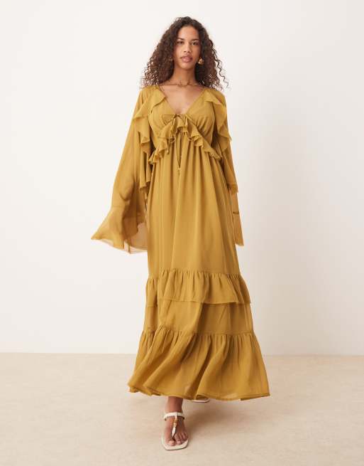 ASOS DESIGN - Vestito a maniche lunghe color oliva con scollo a V, gonna al polpaccio e dettagli allacciati