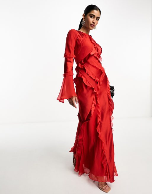 ASOS DESIGN - Vestito a maniche lunghe con volant in chiffon e raso colore rosso misto