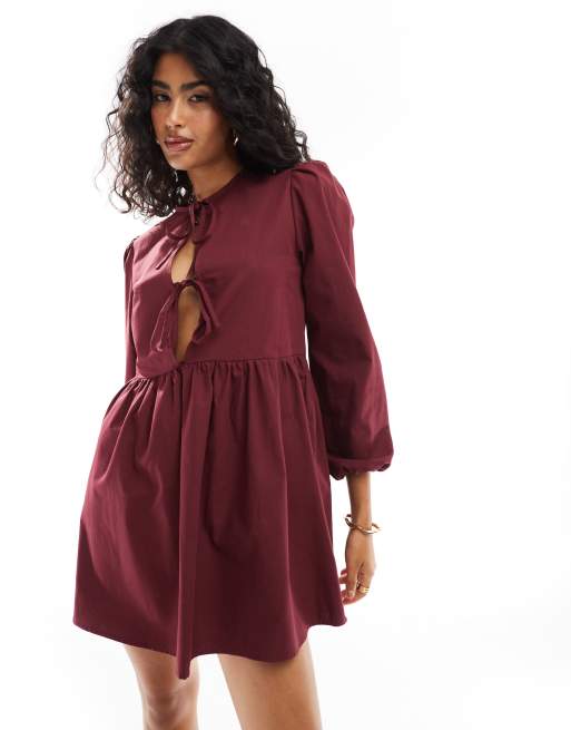 ASOS DESIGN - Vestito a maniche lunghe in popeline bordeaux allacciato sul davanti