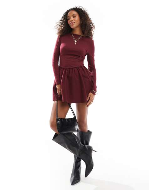ASOS DESIGN - Vestito a maniche lunghe stile skater in misto popeline color bordeaux con scollo posteriore - view 1