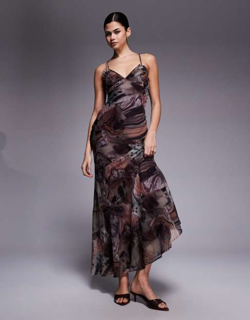 ASOS DESIGN - Vestito a sirena con taglio sbieco e bustino doppio strato astratto