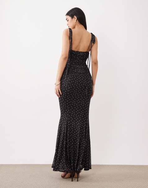 ASOS DESIGN - Vestito a sirena in rete a pois con inserto sul busto a contrasto - view 1