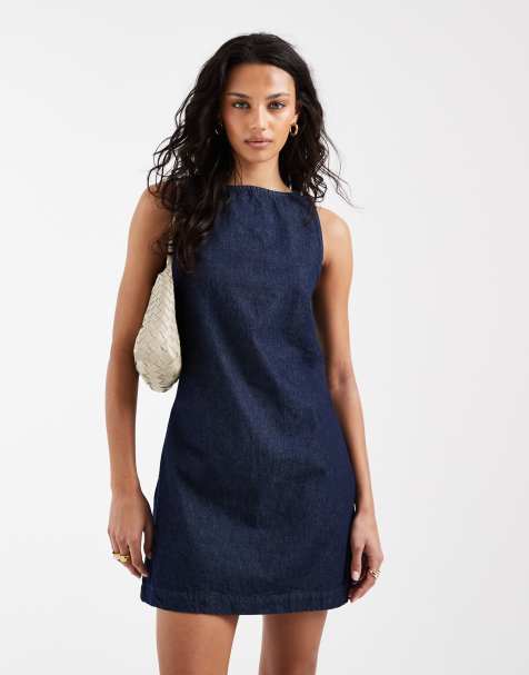 ASOS DESIGN - Vestito a trapezio con corpino aderente e gonna svasata in denim rinse wash - view 1