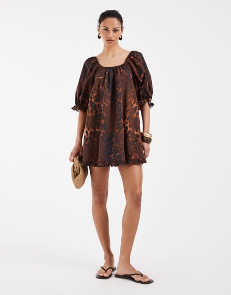 ASOS DESIGN - Vestito a trapezio con maniche con volant e stampa leopardata - view 1