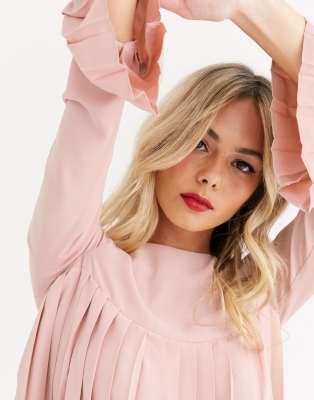 Vestito a trapezio corto a pieghe con maniche lunghe rosa - ASOS DESIGN  donna Rosa - immagine1