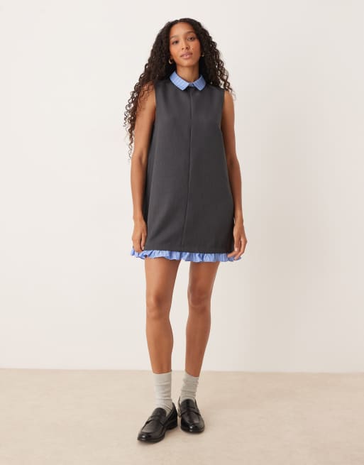 ASOS DESIGN - Vestito a trapezio corto grigio con fondo e colletto stile camicia a contrasto, 3 di 4