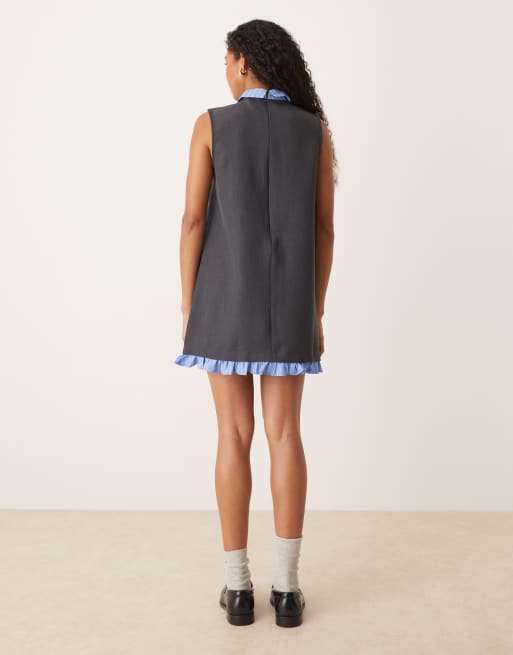 ASOS DESIGN - Vestito a trapezio corto grigio con fondo e colletto stile camicia a contrasto, 4 di 4