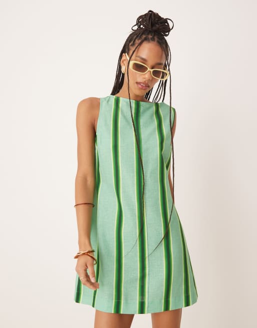 ASOS DESIGN - Vestito a trapezio corto in cotone e lino verde a righe con scollo a barchetta, 3 di 4