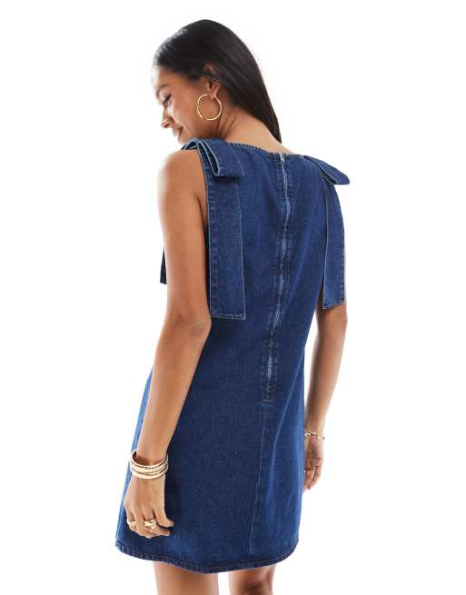 ASOS DESIGN - Vestito a trapezio corto in denim con fiocchi sulle spalline, 3 di 4