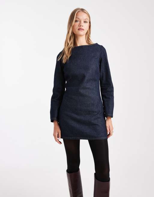 ASOS DESIGN - Vestito a trapezio corto in denim lavaggio rinse wash a maniche lunghe, 4 di 4
