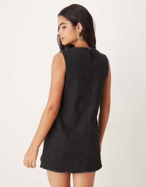 ASOS DESIGN - Vestito a trapezio in denim nero slavato con cuciture a vista, 4 di 4