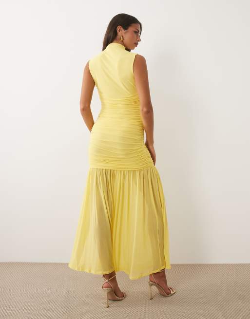 ASOS DESIGN - Vestito accollato color limone arricciato con vita scesa, 4 di 4