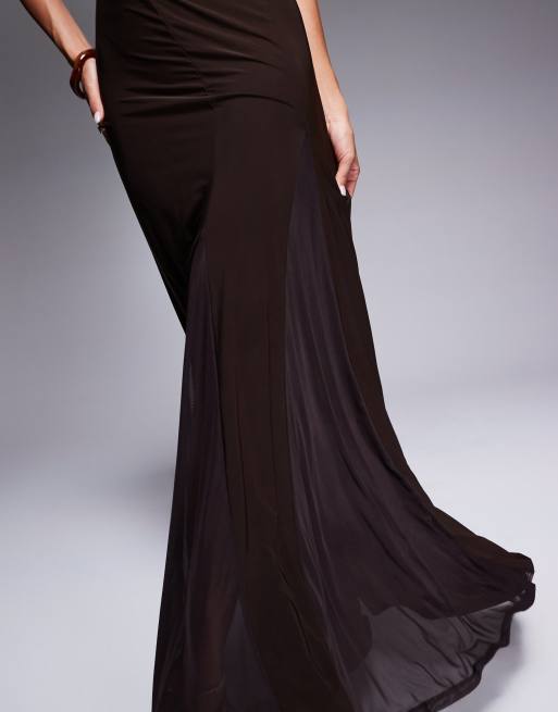 ASOS DESIGN - Vestito accollato marrone con gonna al polpaccio e inserti trasparenti a godet, 3 di 4