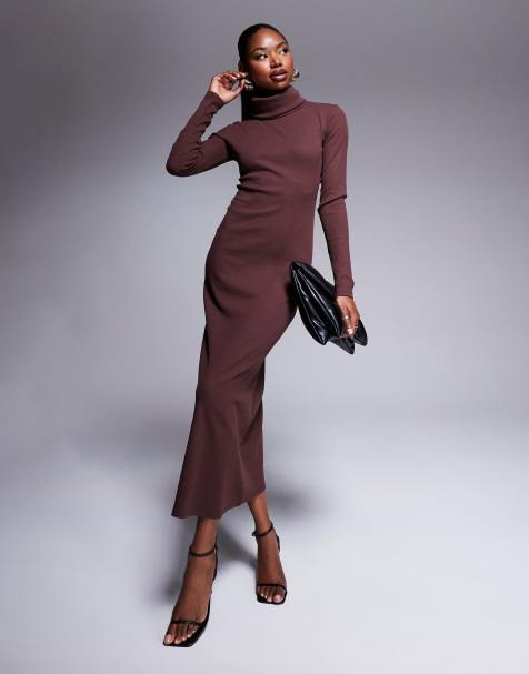 ASOS DESIGN - Vestito al polpaccio bordeaux a coste con collo alto - view 1