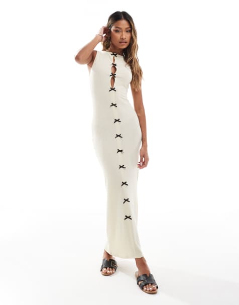 ASOS DESIGN - Vestito al polpaccio con fiocco sul davanti color crema a coste - view 1