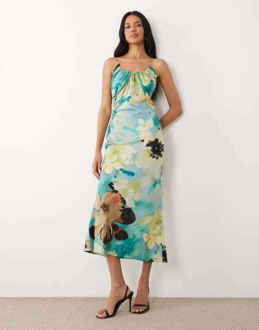 	 ASOS DESIGN - Vestito al polpaccio con scollo rotondo a sciarpa e taglio sbieco con stampa floreale oversize