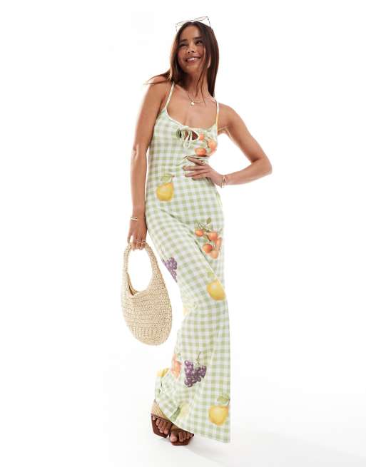 ASOS DESIGN - Vestito al polpaccio con scollo squadrato e spalline sottili con stampa a quadretti stile picnic