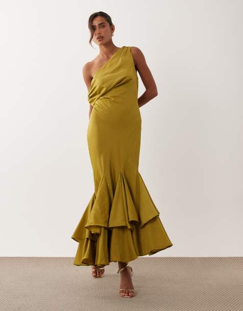 ASOS DESIGN - Vestito al polpaccio con spalle scivolate e fondo godet asimmetrico color oliva - view 1