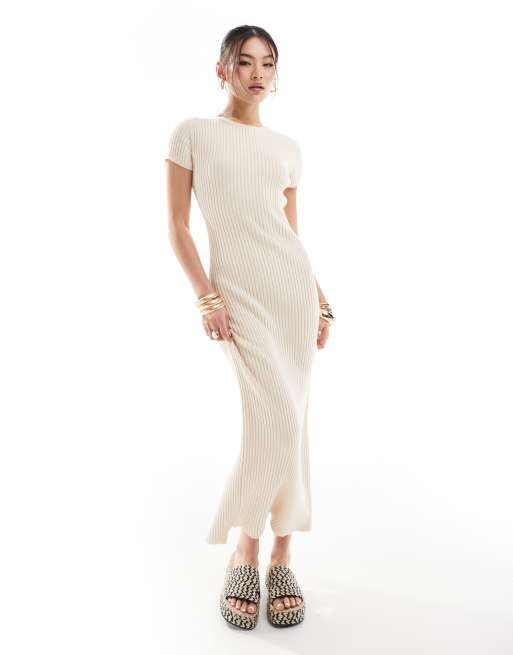ASOS DESIGN - Vestito al polpaccio crema a coste in maglia girocollo