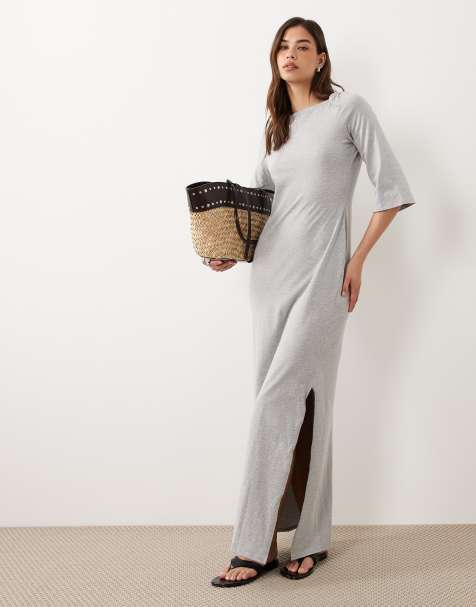 ASOS DESIGN - Vestito al polpaccio grigio mélange con maniche tre quarti e scollo a barchetta - view 1