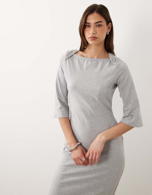 ASOS DESIGN - Vestito al polpaccio grigio mélange con maniche tre quarti e scollo a barchetta, 2 di 4