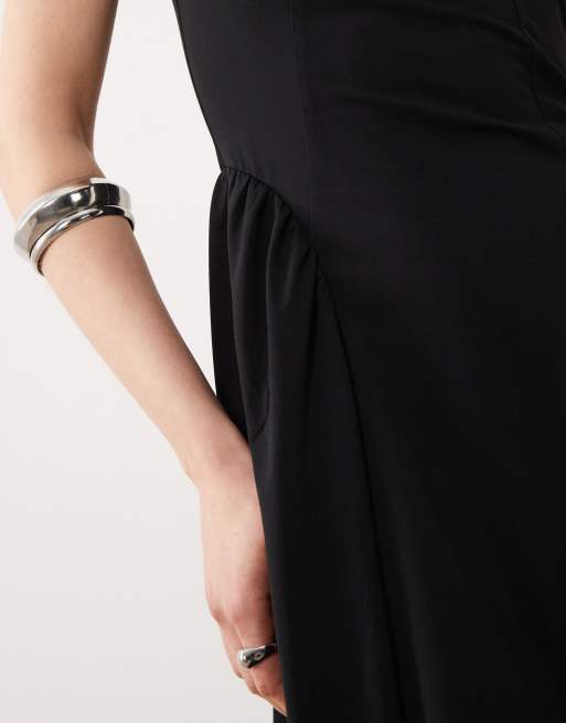 ASOS DESIGN - Vestito al polpaccio in jersey nero con scollo a barchetta, 3 di 4