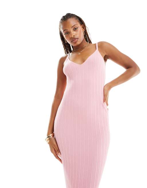 ASOS DESIGN - Vestito al polpaccio in maglia rosa con spalline sottili e scollo a V, 3 di 4