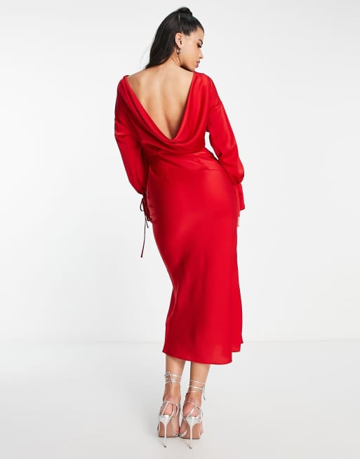 ASOS DESIGN - Vestito al polpaccio in raso rosso con polsini allacciati e scollo ad anello sul retro