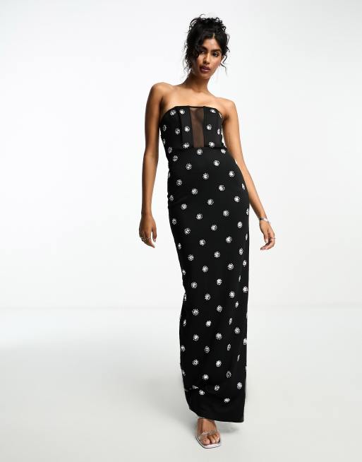 ASOS DESIGN - Vestito al polpaccio nero a fascia con decorazioni, 4 di 4