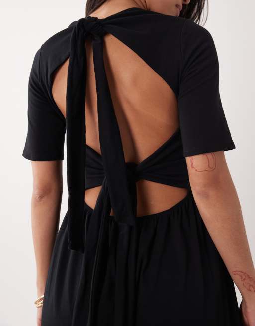 ASOS DESIGN - Vestito al polpaccio nero a maniche corte allacciato sul retro, 3 di 4