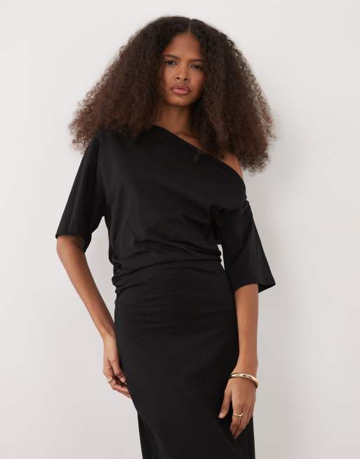 ASOS DESIGN - Vestito al polpaccio nero a maniche corte con spalle scivolate e arricciatura, 2 di 4