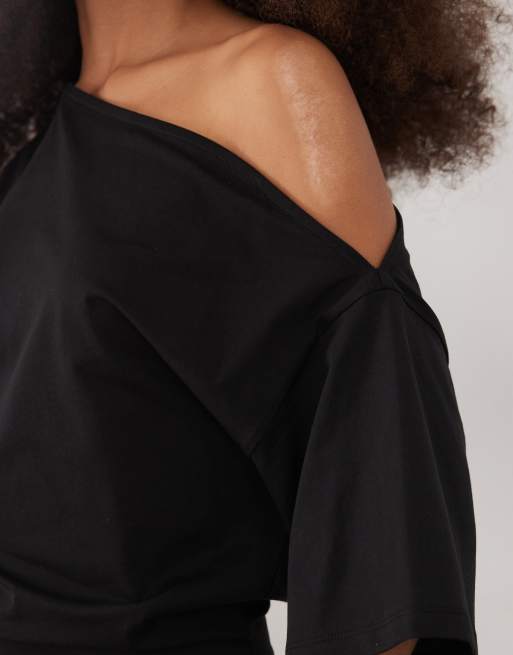 ASOS DESIGN - Vestito al polpaccio nero a maniche corte con spalle scivolate e arricciatura, 3 di 4