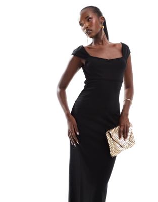ASOS DESIGN - Vestito al polpaccio nero con scollo a cuore e maniche ad aletta - view 1