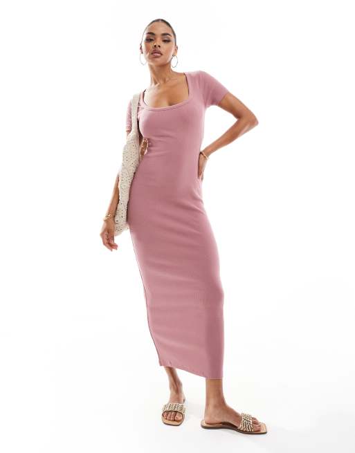 ASOS DESIGN - Vestito al polpaccio rosa polvere a coste con scollo rotondo e maniche ad aletta