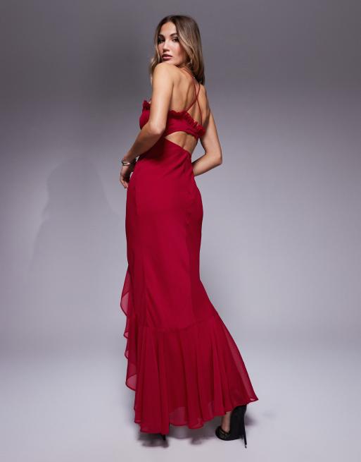 ASOS DESIGN - Vestito al polpaccio rosso con fondo asimmetrico, incrocio sul retro e corsetto con volant sui bordi, 2 di 4