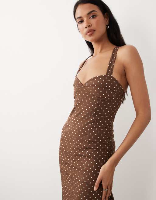 ASOS DESIGN - Vestito allacciato al collo con fondo svasato marrone a pois, 2 di 4