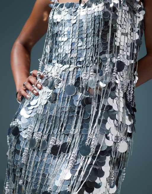ASOS DESIGN Vestito argento con gonna al polpaccio decorato con