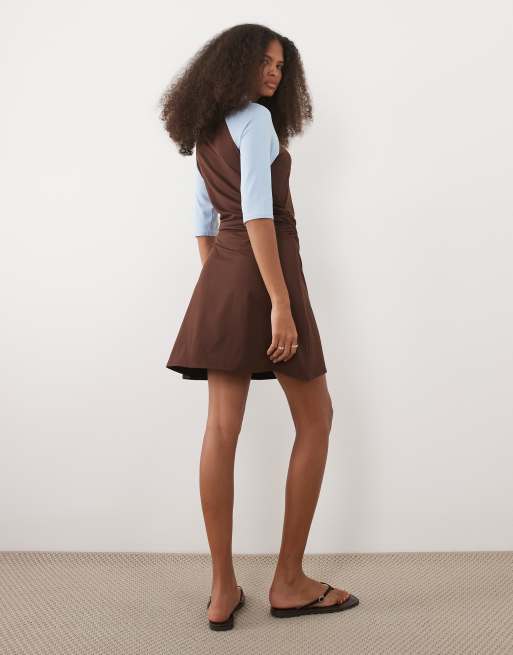 ASOS DESIGN - Vestito arricciato marrone e blu con maniche raglan corte, 4 di 4