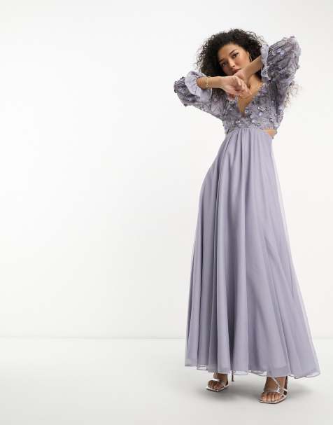 ASOS DESIGN - Vestito avvolgente con gonna al polpaccio in tulle lilla a fiori - view 1