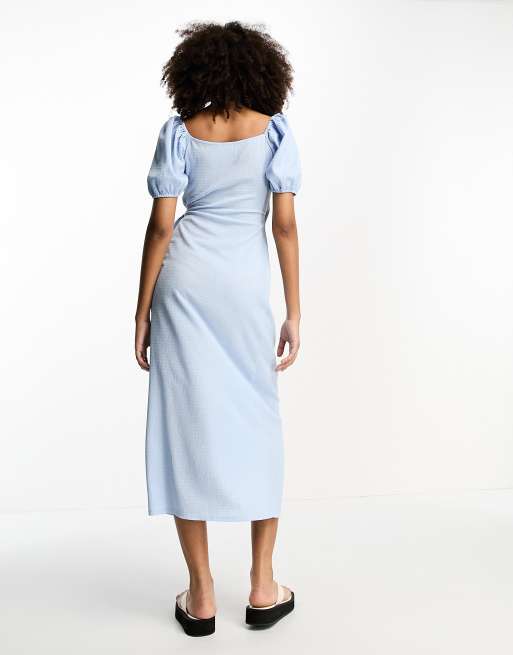 ASOS DESIGN - Vestito avvolgente con maniche a palloncino e allacciatura laterale blu testurizzato , 2 di 4