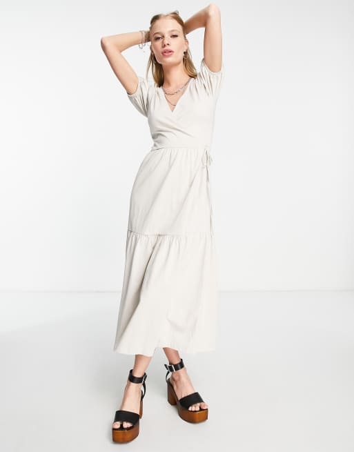 ASOS DESIGN - Vestito avvolgente midi color pietra a balze con maniche a sbuffo