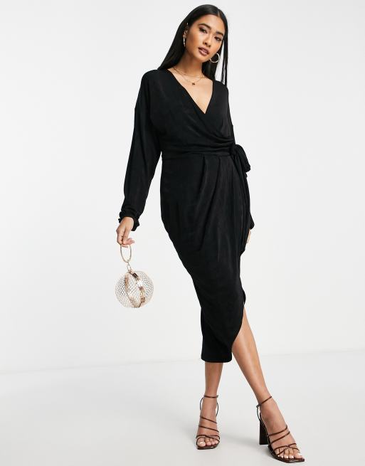 ASOS DESIGN - Vestito avvolgente midi con maniche a campana nero