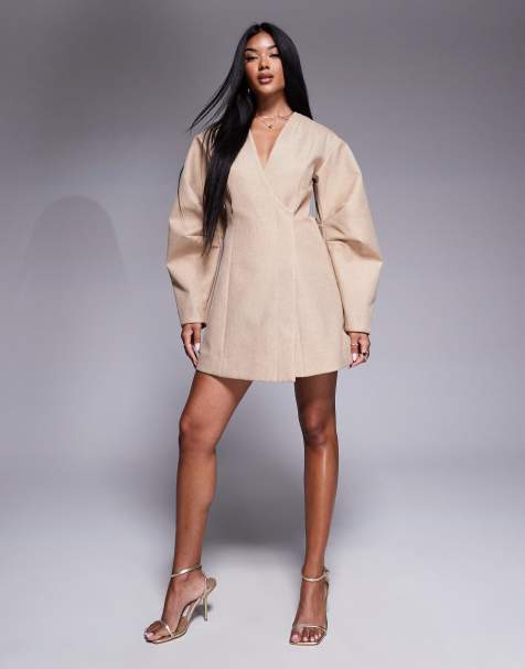 ASOS DESIGN - Vestito blazer strutturato corto testurizzato neutro con maniche voluminose - view 1