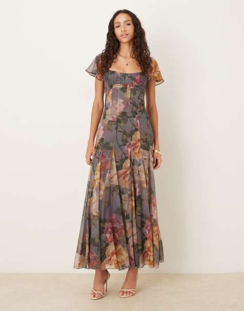 ASOS DESIGN - Vestito blu con stampa a fiori oversize, bustino arricciato, maniche con volant, godet e gonna al polpaccio - view 1