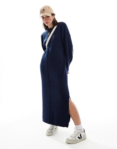 ASOS DESIGN - Vestito blu navy con gonna al polpaccio e cucitura a vista sul davanti - view 1