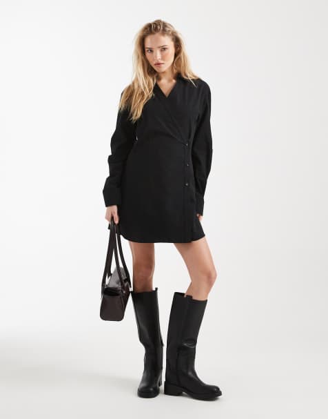 ASOS DESIGN - Vestito camicia a portafoglio nero con maniche cocoon - view 1