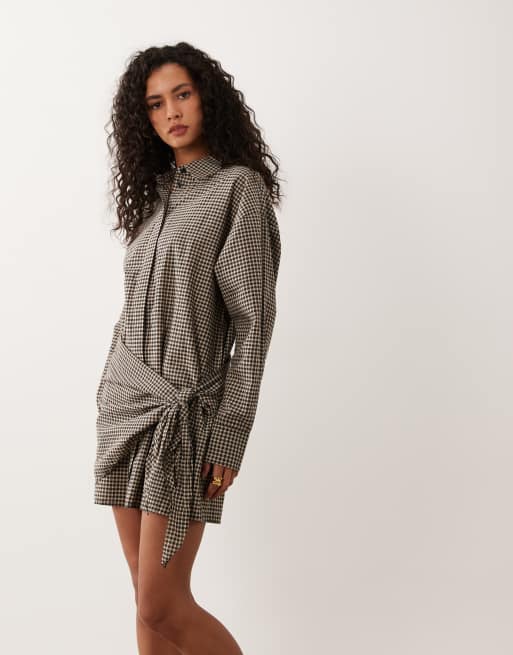 ASOS DESIGN - Vestito camicia boyfriend corto color cuoio a quadri con sciarpa multiuso, 4 di 4